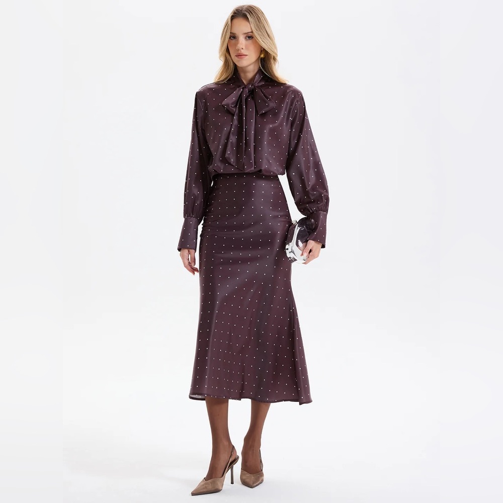 Polka Dot Bow-Tie Blouse and Midi Skirt set Medium